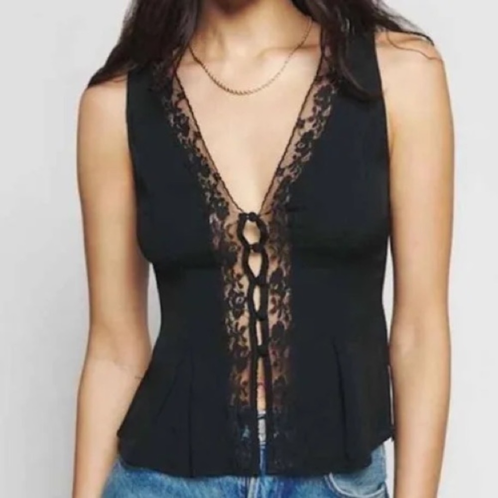 Reformation Black Lace Trim Blouse